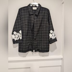 Avenue Black Checkered Blazer with White Lace